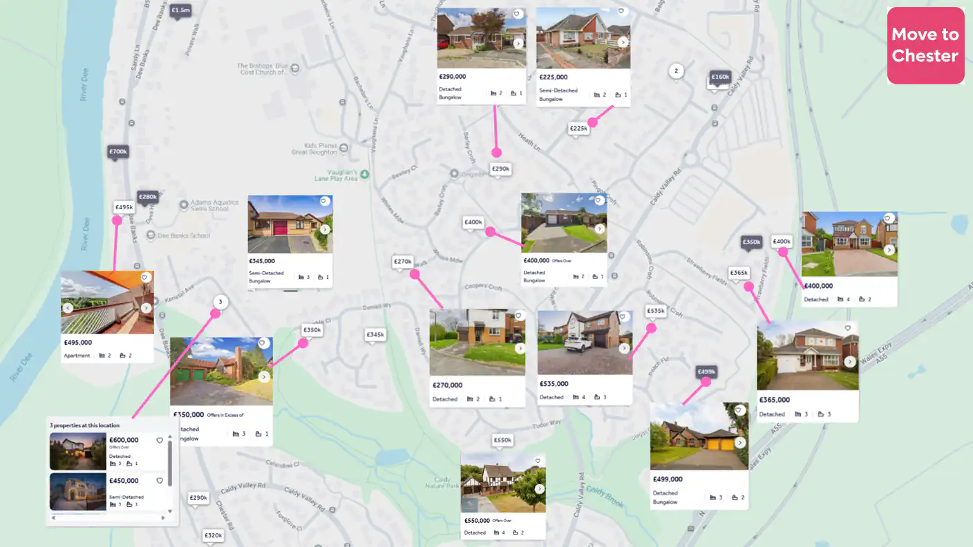 A detailed map screenshot from a real estate website, displaying numerous properties for sale in the Boughton area of Chester, near the River Dee. The map is covered with pink markers indicating listing locations, many connected by lines to pop-up windows featuring photographs and key details of the homes. Examples include a 2-bedroom apartment for £495,000, a 3-bedroom detached bungalow for £350,000, a 4-bedroom detached house for £535,000, and a 4-bedroom detached house for £400,000. A pop-up on the left shows three properties at one location with prices ranging from £450,000 to £600,000. Each listing provides price, property type, and number of bedrooms and bathrooms. The map includes street names like Dee Banks, Caldy Valley Road, and Heath Lane, as well as landmarks such as The Bishops' Blue Coat Church of England High School and Adams Aquatics Swim School, illustrating the geographical distribution of available homes.